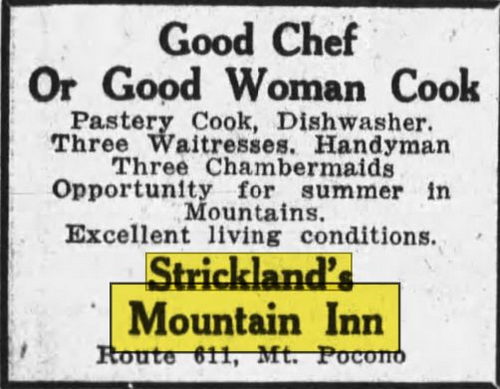 Stricklands Mountain Inn and Cottages - Apr 1945 Ad